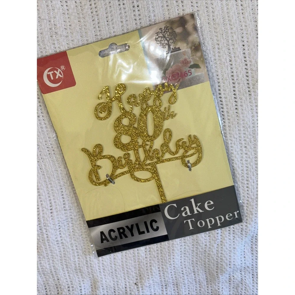 80th Birthday Cake Topper Double Side Glitter Gold Birthday Decorations NEW